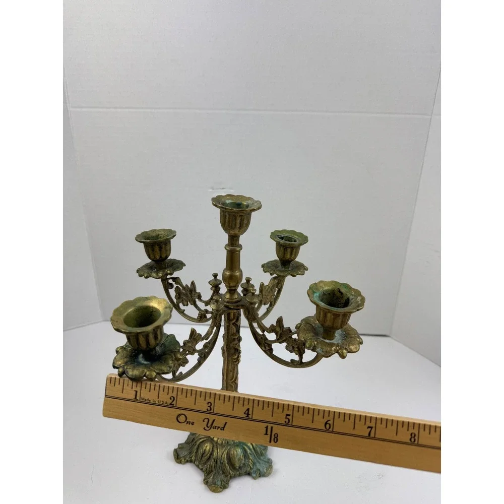 Vintage Ornate Brass 5 Arm Candelabra Ornate Floral Scrollwork Verdigris Patina